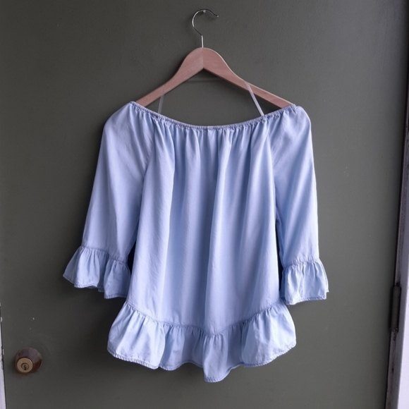 Beach lunch lounge Ruffles Top Washed Blue Lyocell Peplum Blouse Size S - Picture 4 of 11